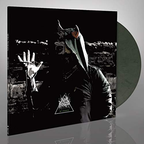 Vinyl record with a hooded figure on the cover and green marble disc.