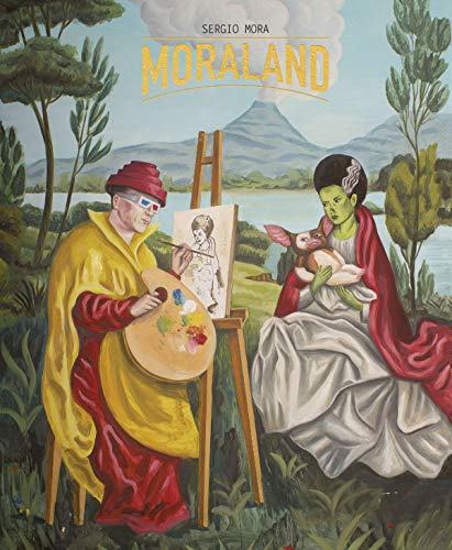 Painting of figures resembling Frankenstein's monster and a painter in a landscape.