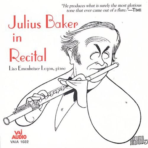 Black and white caricature of a flutist, Julius Baker, playing his instrument.
