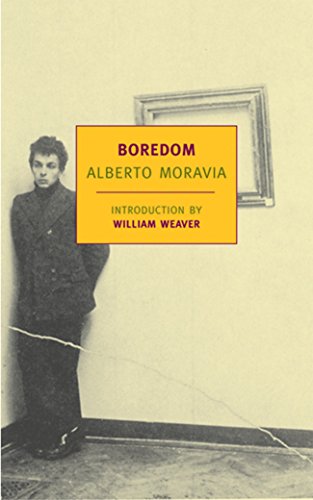 Book cover: "Boredom" by Alberto Moravia, with a man in a dark coat.