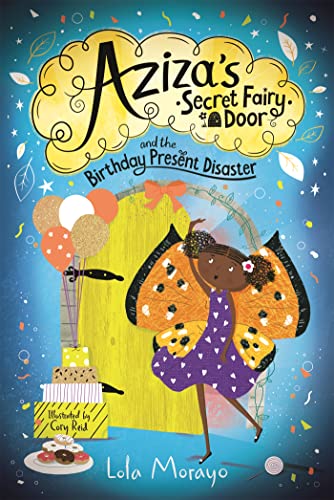 Book cover: fairy with butterfly wings near a birthday cake and door.