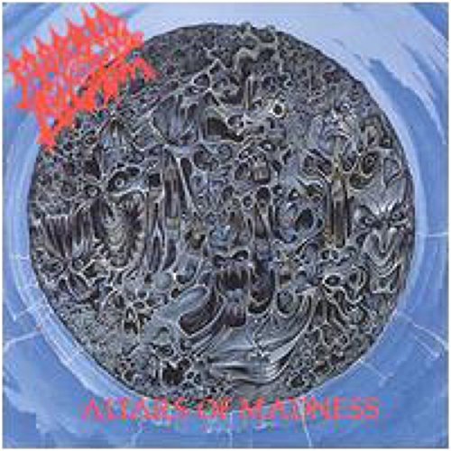 "Album cover with dark, twisted figures in a circle, red text on dark blue background."