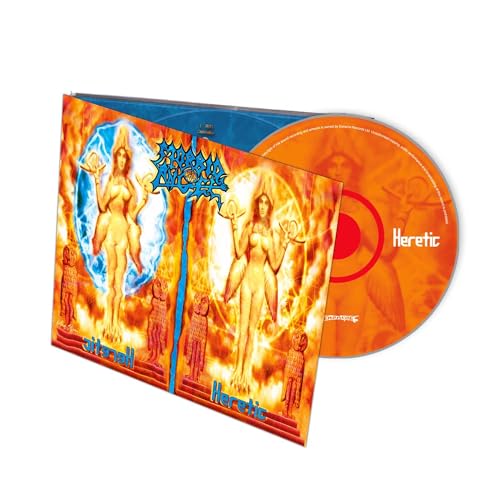 Morbid Angel “Heretic” CD cover with fiery imagery and figures.
