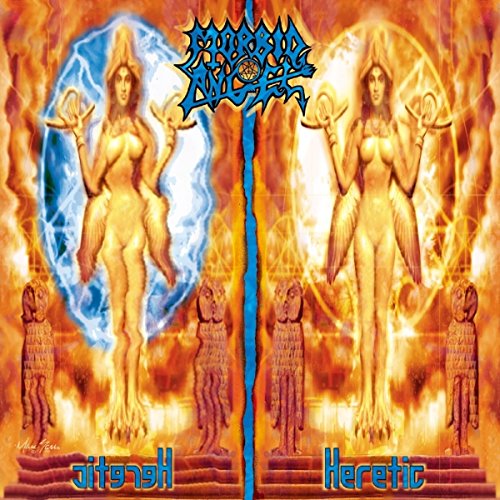 "Album cover art for 'Heretic' by Morbid Angel, featuring surreal, fiery female figures."