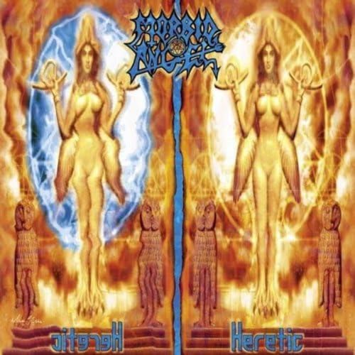 Morbid Angel “Heretic” album cover with symmetrical figures and ancient statues.