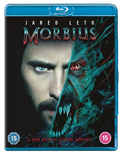 Morbius" Blu-ray cover featuring Jared Leto with half-human, half-monster face.