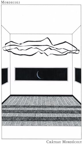 Black and white line drawing of an interior with abstract shapes.