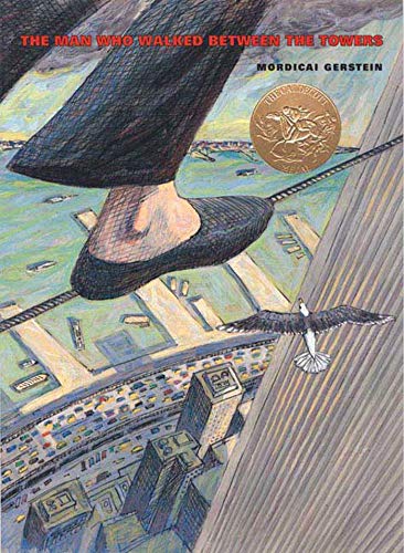 A person walks on a tightrope between skyscrapers with a bird flying below.