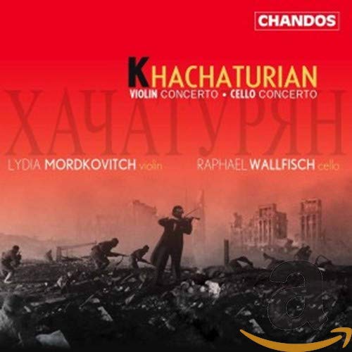 CD cover for Khachaturian concertos featuring musicians and wartime imagery.