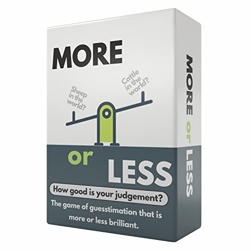 White and grey box for More or Less card game with a seesaw illustration.