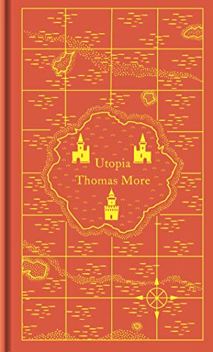 Red book cover for "Utopia" by Thomas More with illustrated map design.