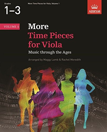 Sheet music book cover, "More Time Pieces for Viola," with colorful figures.