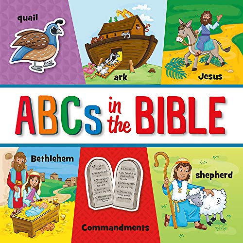 Children’s book cover featuring biblical scenes and alphabet letters.