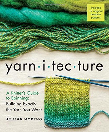 Book cover titled Yarnitecture featuring green and teal yarn, knitting needles, and a swatch.
