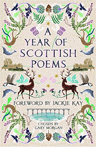 Book cover: “A Year of Scottish Poems” with floral and animal illustrations.