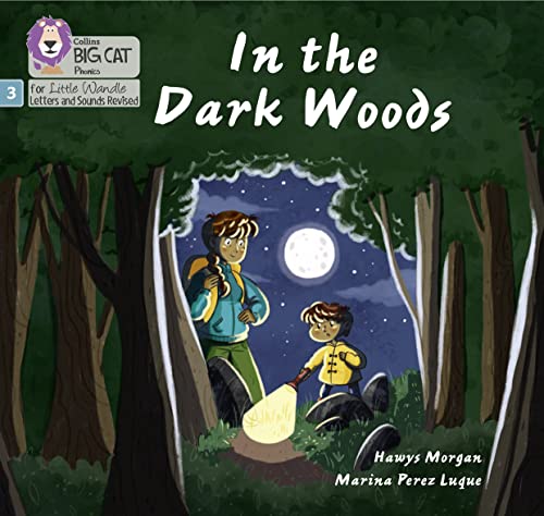 Book cover: "In the Dark Woods" depicts children with flashlights in a forest.