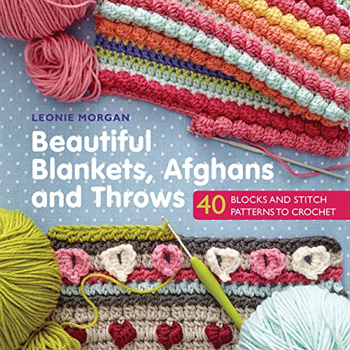 Book cover showing colorful crochet samples, yarn balls, and a hook on blue background.