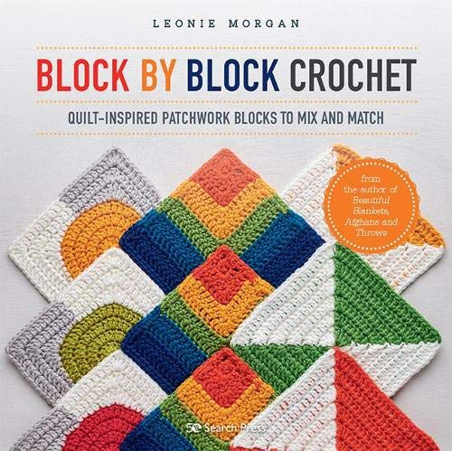 Crochet book cover displaying colorful, patchwork square blocks.