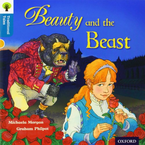 Book cover depicting Beauty offering a rose to the Beast in a garden.
