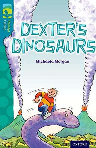 Book cover: boy riding a purple dinosaur, volcanoes in background.