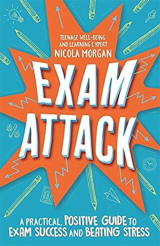 Book cover for Exam Attack by Nicola Morgan with orange starburst on blue background.
