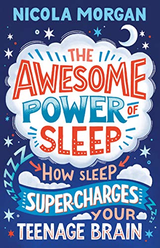 Book cover with colorful text reading "The Awesome Power of Sleep" and clouds.