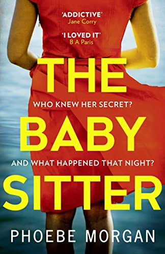 Book cover for “The Babysitter” with a woman in a red dress.