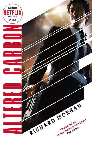 Book cover for “Altered Carbon” with futuristic cityscape and large text.