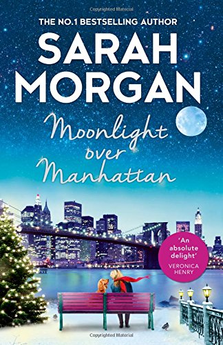 Book cover: “Moonlight over Manhattan” with city skyline and couple on a bench.