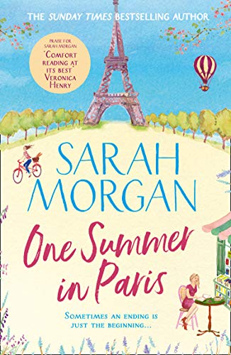 Book cover with Eiffel Tower, hot air balloon, cyclist, and woman at a cafe.