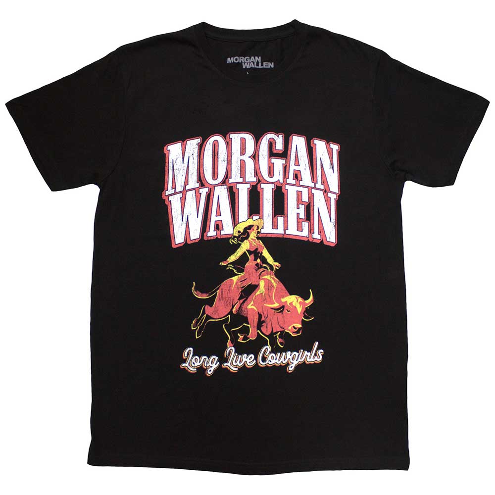 Black unisex t-shirt featuring the text Long Live Cowgirls and Morgan Wallen branding.