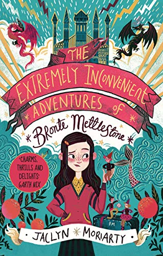 Book cover illustration featuring a girl, dragons, and a castle against a teal background.