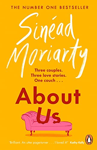 Book cover: "About Us" by Sinéad Moriarty, featuring a pink couch.
