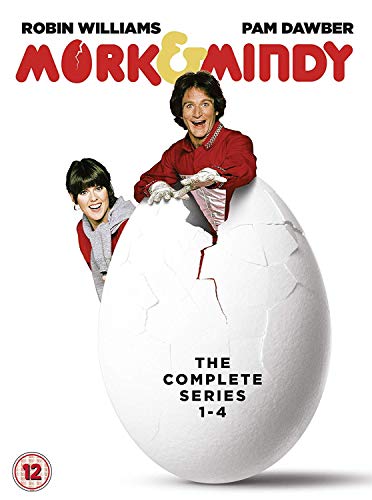 Robin Williams and Pam Dawber emerging from a giant cracked egg on DVD cover.