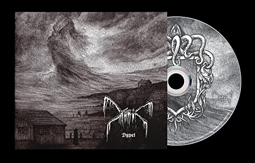 CD cover with grayscale illustration of a stormy coastline and creature.
