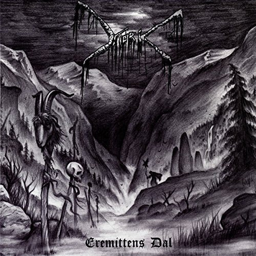 "Black and white album cover with dark, eerie landscape and gothic text 'Eremittens Dal'."