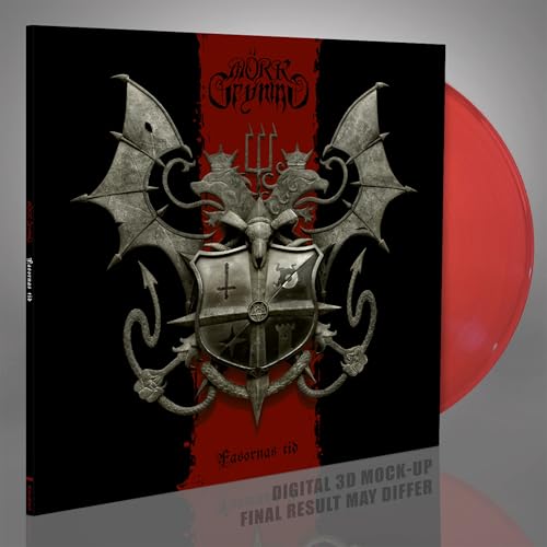 Black album cover with silver and red demonic imagery, next to a red vinyl record.