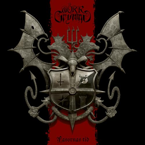 Dark metal album cover with a silver, ornate shield and red background.