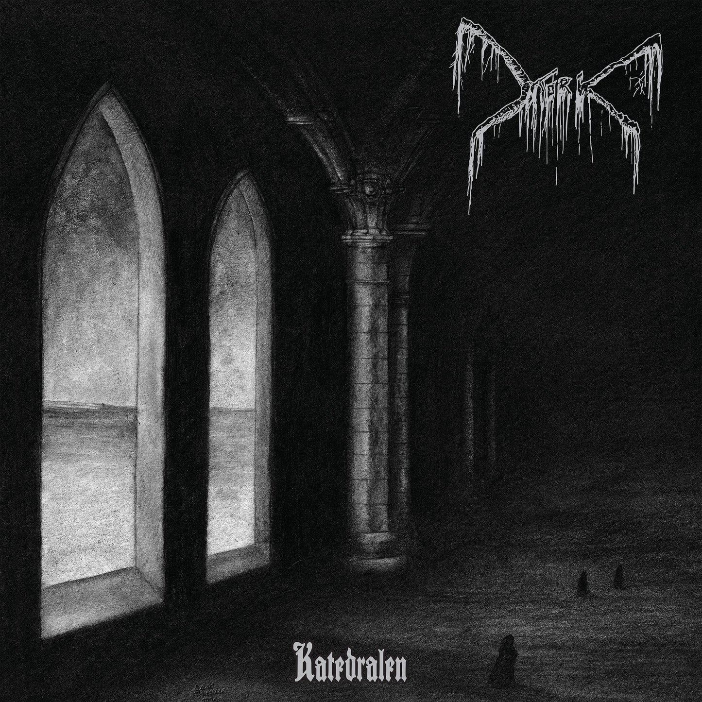 Black and white album cover depicting a cathedral interior and figures.