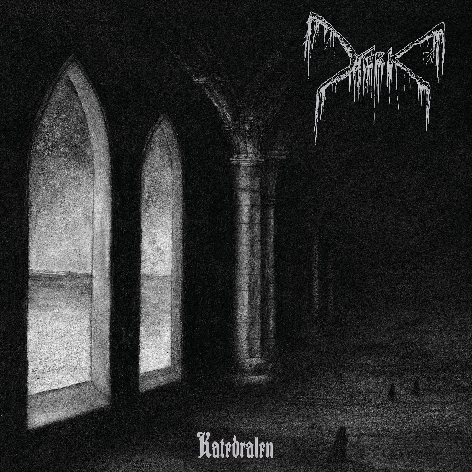 Black and white album cover depicting a cathedral interior and figures.