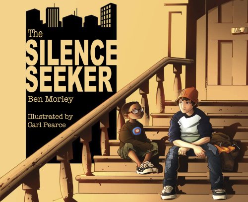Book cover: two boys on stairs, city skyline in background.
