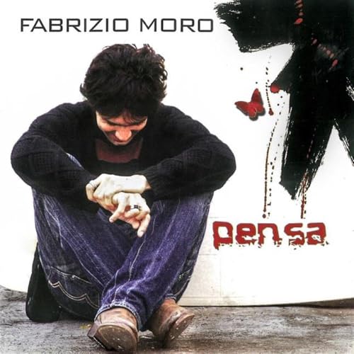 Fabrizio Moro album cover, “Pensa”, featuring a man seated with red butterflies.