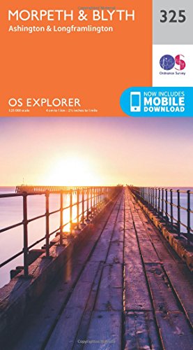 OS Explorer Map 325 of Morpeth & Blyth featuring a wooden pier at sunset.