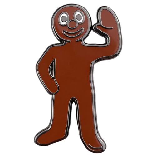 Brown gingerbread man pin badge flexing with a waving hand.