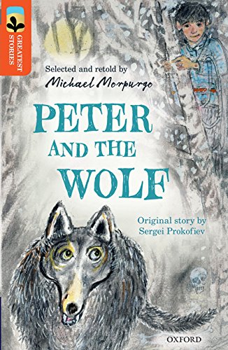 Book cover: "Peter and the Wolf" featuring a wolf and boy in a forest.