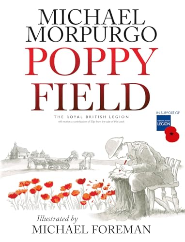 Book cover: "Poppy Field" with a soldier writing in a poppy field.