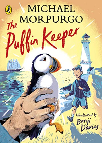 Book cover: boy with a puffin, lighthouse, and sailing ship illustration.