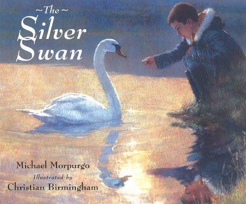 Boy feeding a white swan on water, book cover illustration.