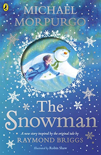 Book cover: child and snowman flying against a snowy blue background.