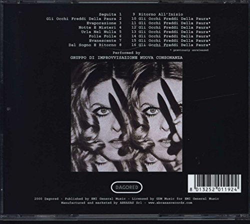 CD back cover: black and white repeating image of a woman with obscured eyes.